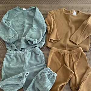 H&M Kids Waffle Knit set mustard, ribbed set in green, 3T